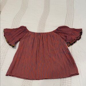 Kori Red and Navy Striped Off-Shoulder Puff Sleeve Top